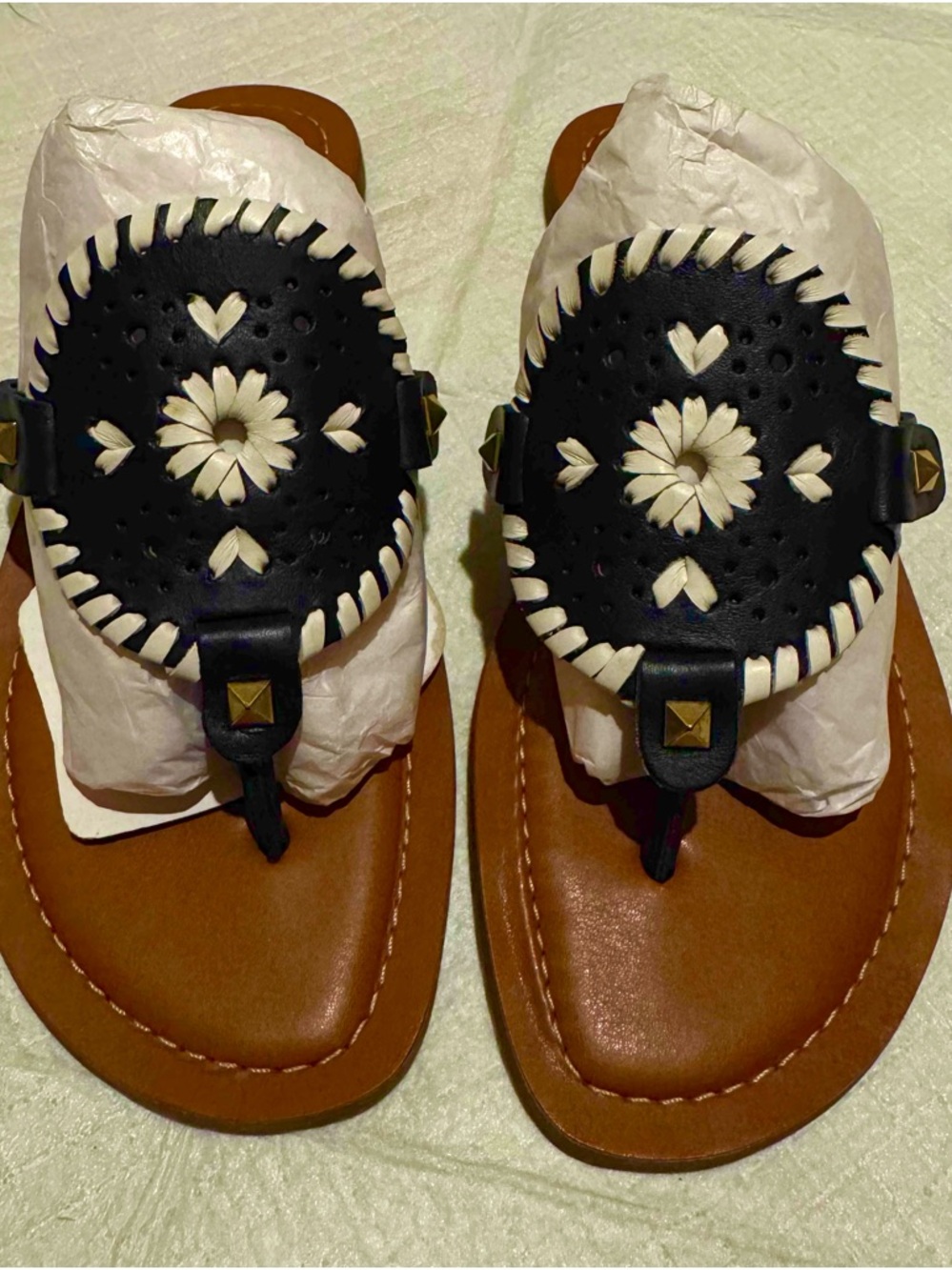 Navy & White Floral Cutout Thong Sandals on Brown Footbed